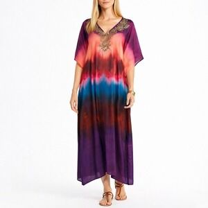 Soft Surroundings Ibiza Kaftan Maxi Dress Boho Beaded Ombre Mrs Roper L XL